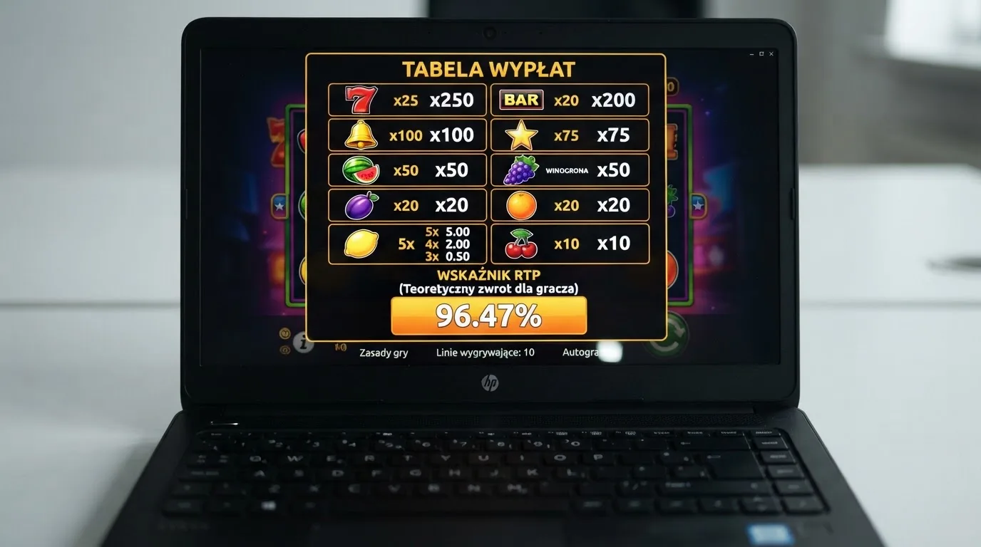 ekran automatu online z otwartą tabelą wypłat pokazującą wartość procentową RTP