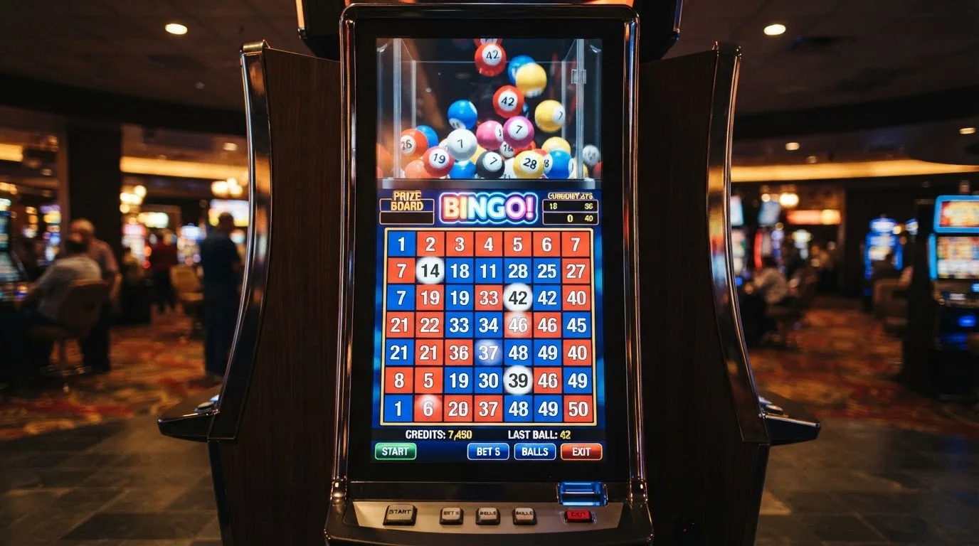 Ekran automatu do gry z kolorową planszą w stylu bingo i podświetlonymi liczbami