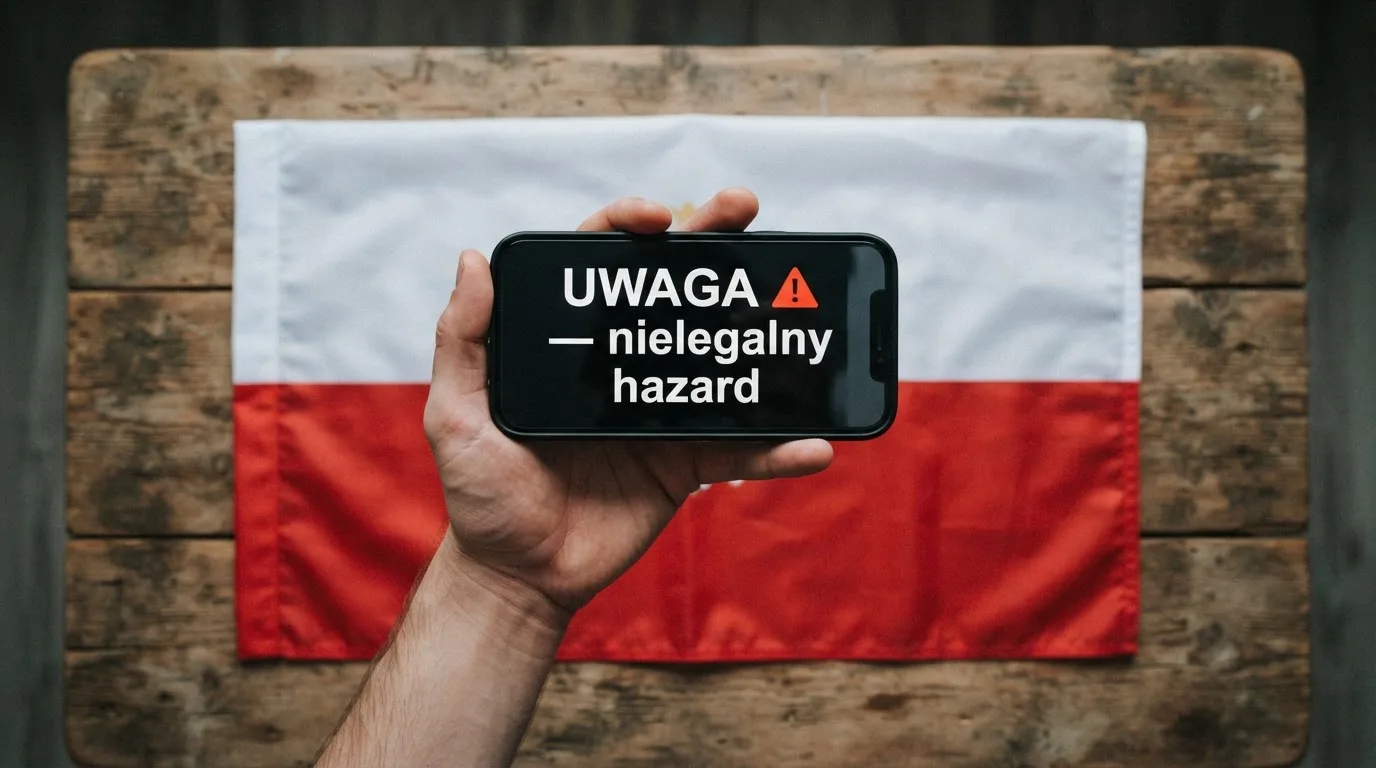Dłoń trzymająca telefon z widocznym komunikatem ostrzegawczym o legalności hazardu online na tle biało-czerwonej flagi Polski.
