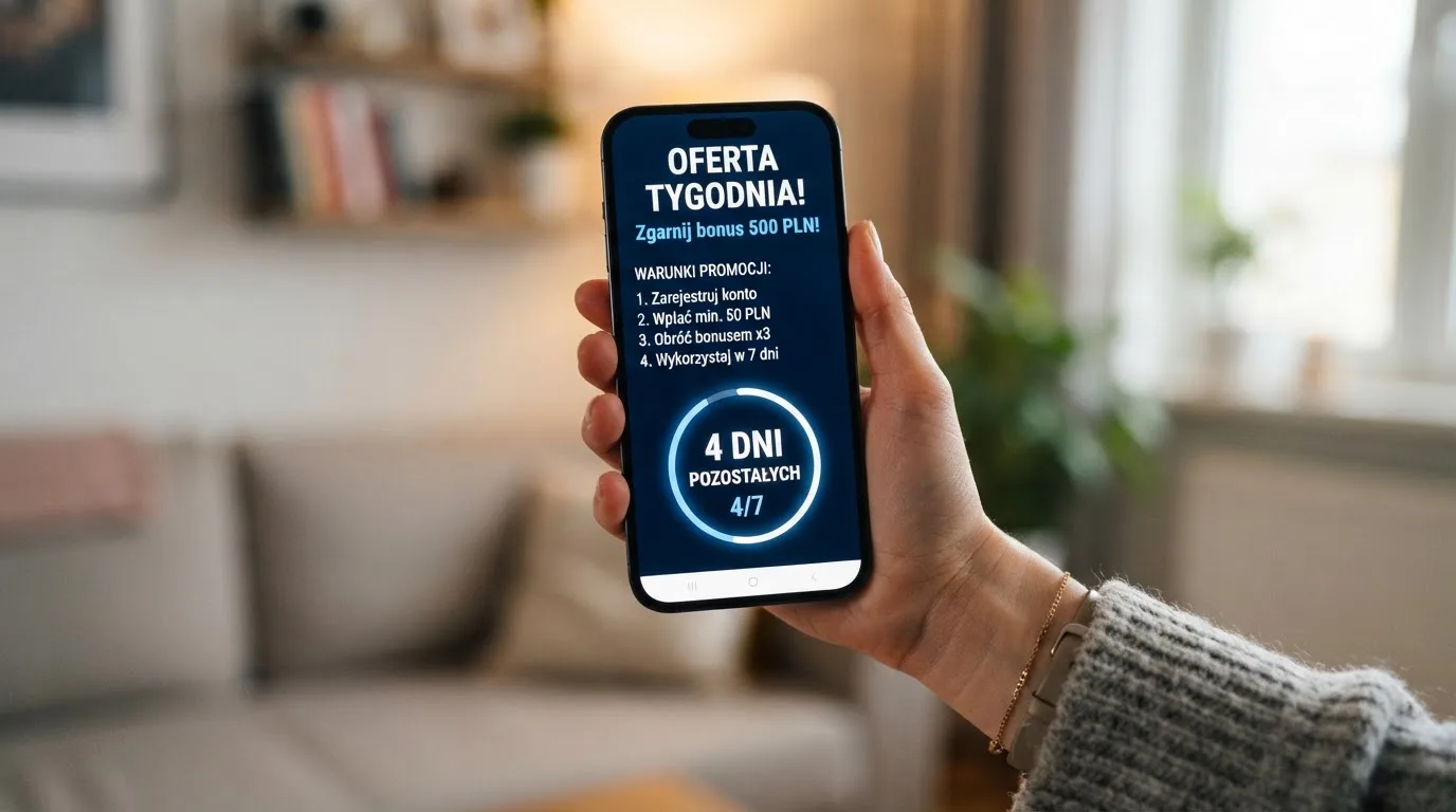 Zbliżenie na telefon z listą warunków promocji i licznikiem odliczającym dni do końca oferty