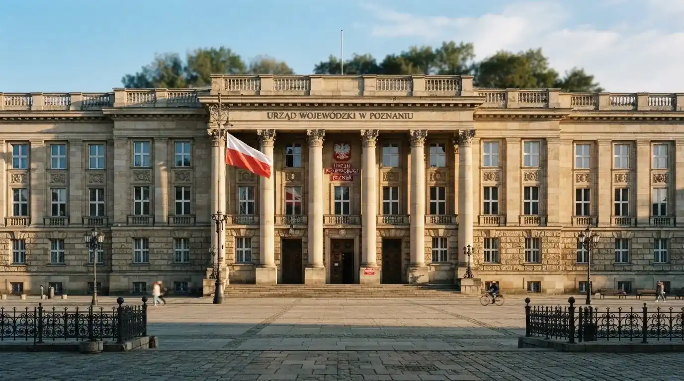 Fasada budynku instytucji państwowej z flagą Polski, symbol nadzoru regulatora nad rynkiem gier hazardowych