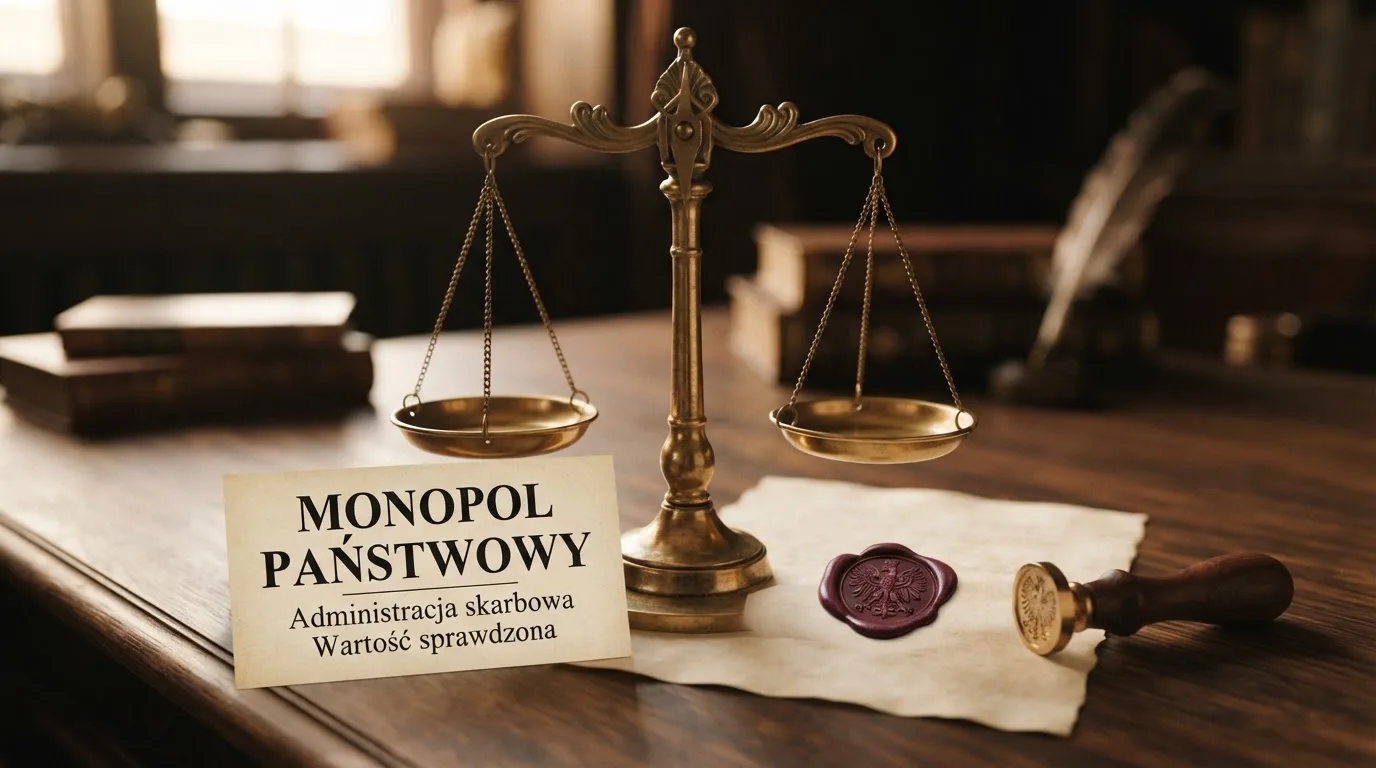 Waga i pieczęć obok napisu o państwowym monopolu na kasyno online