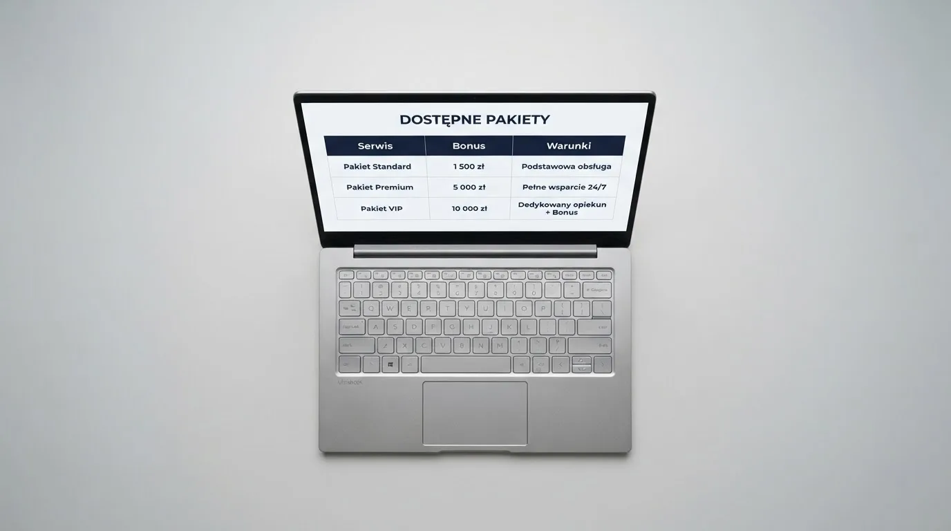 Widok z góry na laptop z otwartą tabelą porównawczą ofert powitalnych kilku serwisów kasynowych