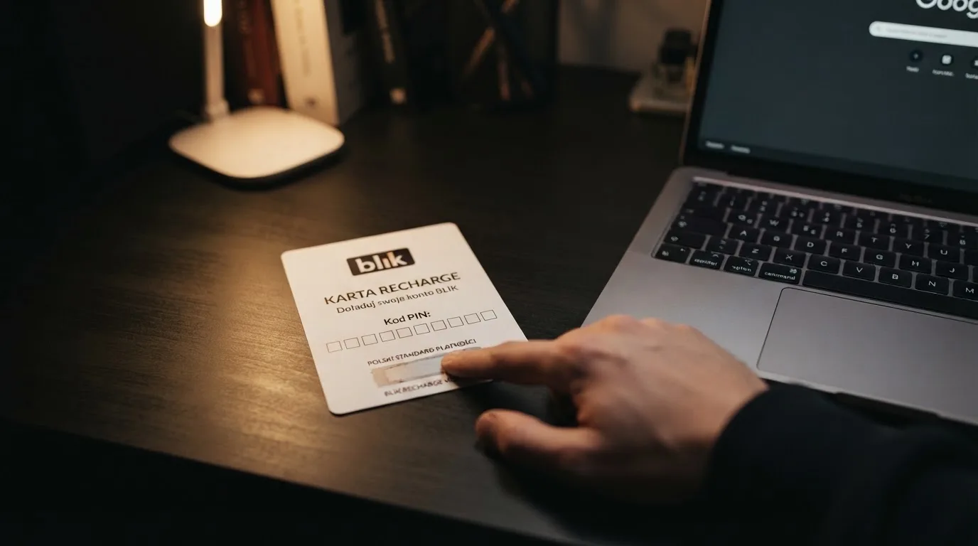 Karta przedpłacona Paysafecard z zasłoniętym polem kodu PIN obok klawiatury laptopa