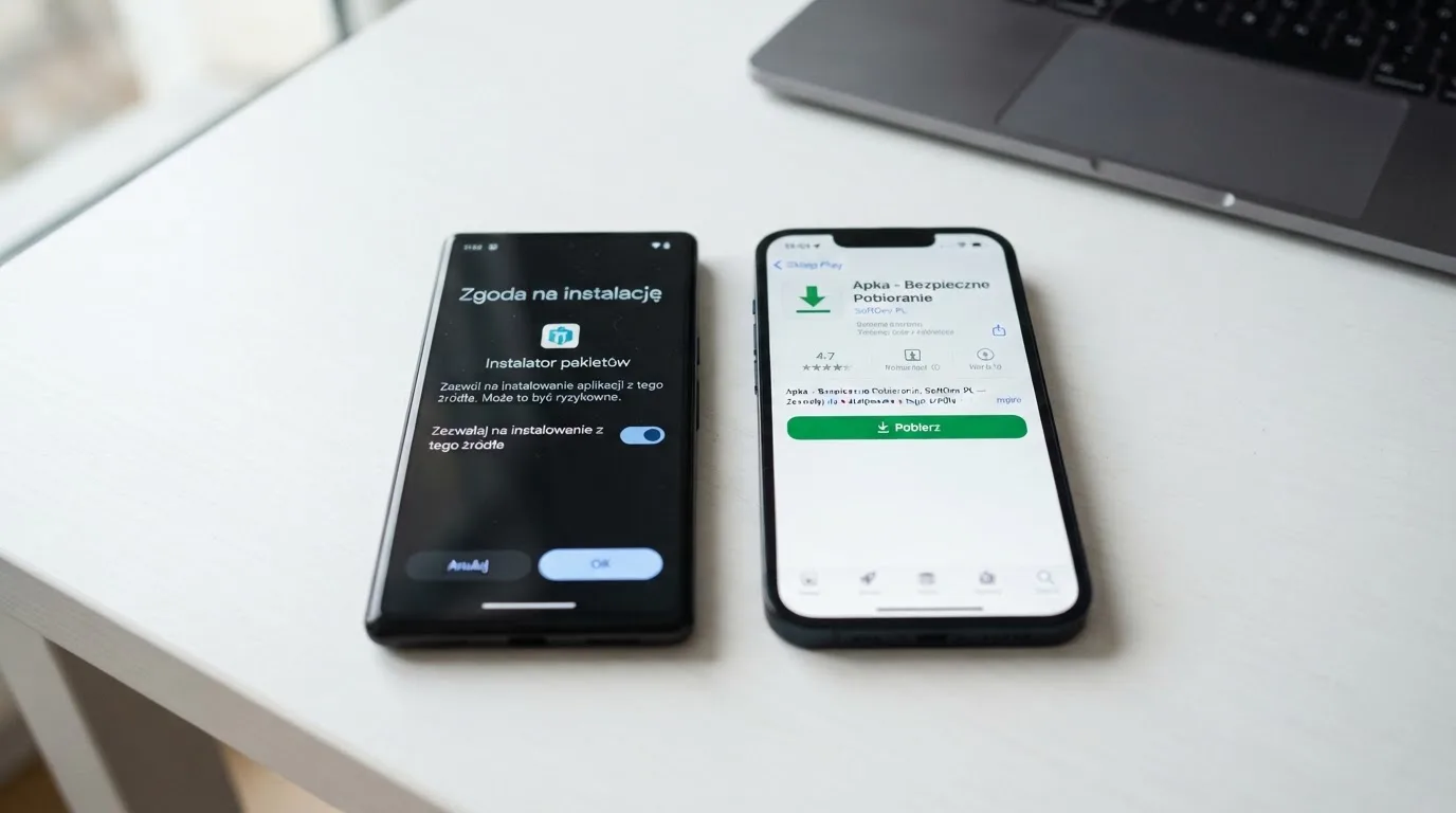 Dwa telefony obok siebie: na jednym komunikat zgody na instalację pliku APK z nieznanego źródła, na drugim strona aplikacji w sklepie z przyciskiem pobierania