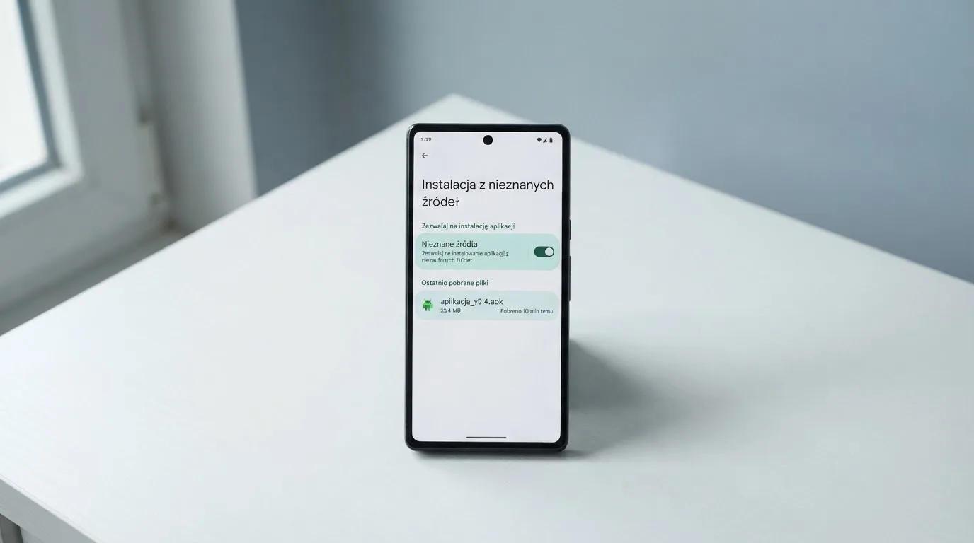 Ekran ustawień Androida z przełącznikiem zgody na instalację aplikacji z nieznanego źródła i pobranym plikiem instalacyjnym na liście