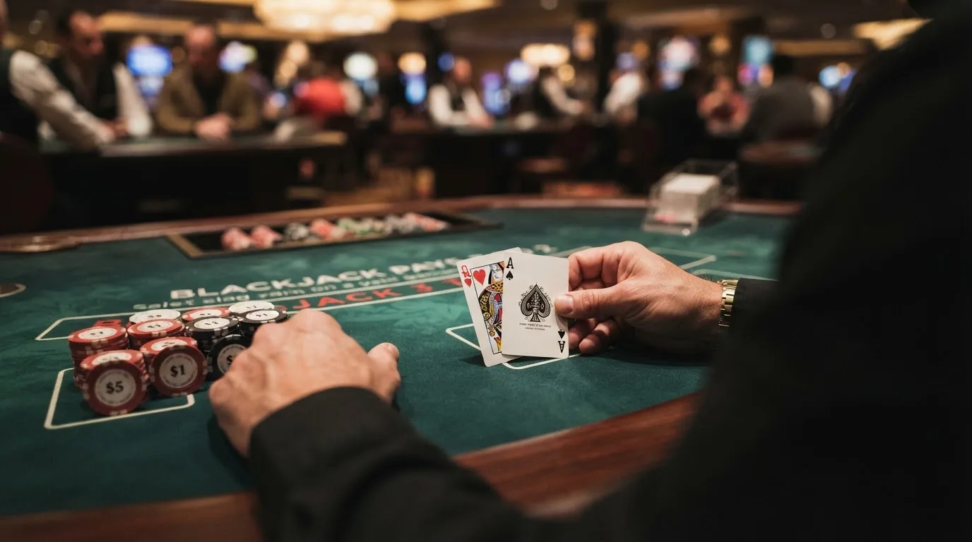 Krupier rozdający karty przy stole blackjacka podczas transmisji na żywo