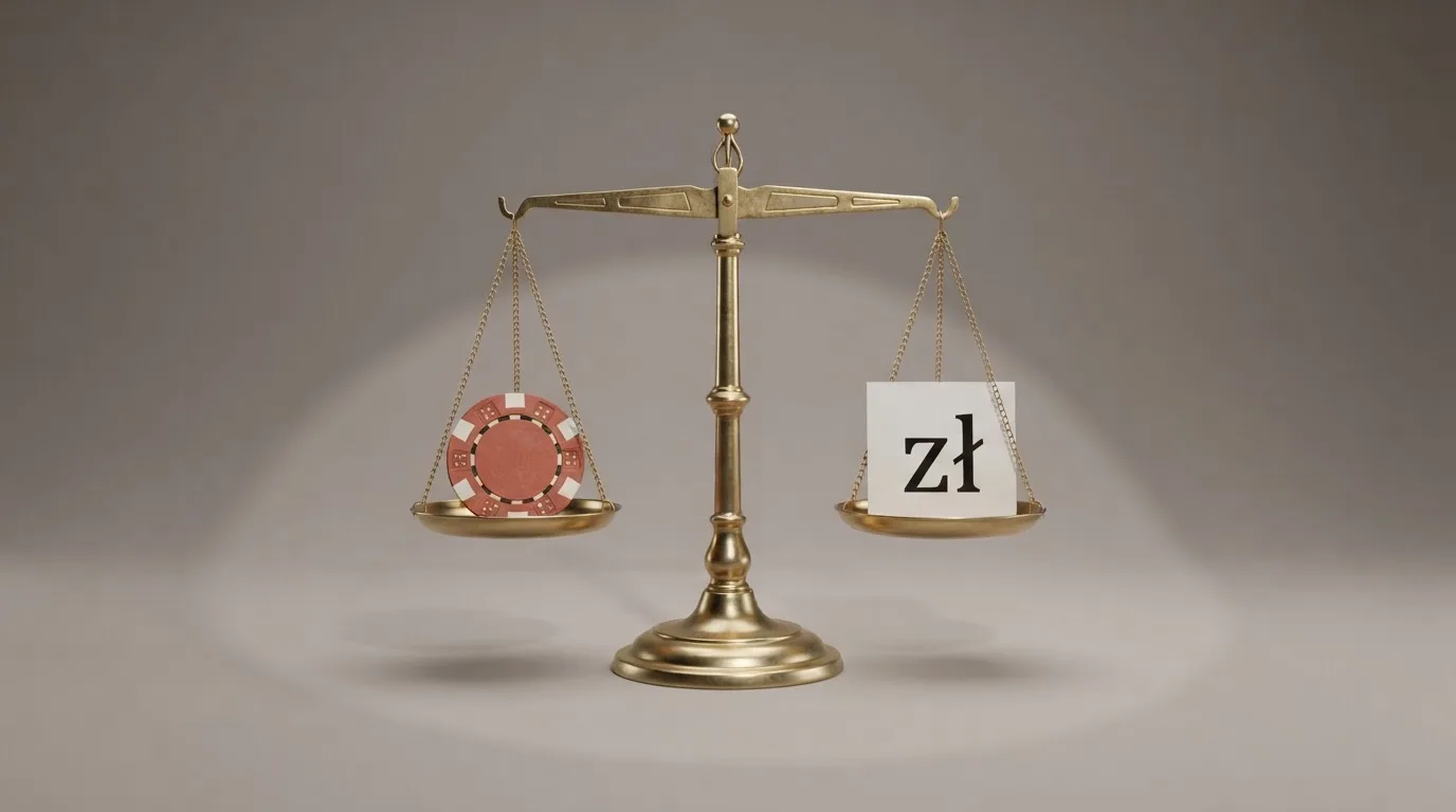 Ikona wagi sądowej obok symbolu kasyna, ilustrująca państwowy monopol na kasyno online w Polsce