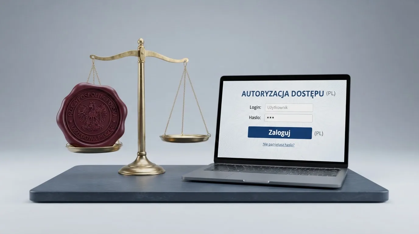Symboliczna pieczęć urzędowa i waga obok ekranu logowania do serwisu hazardowego