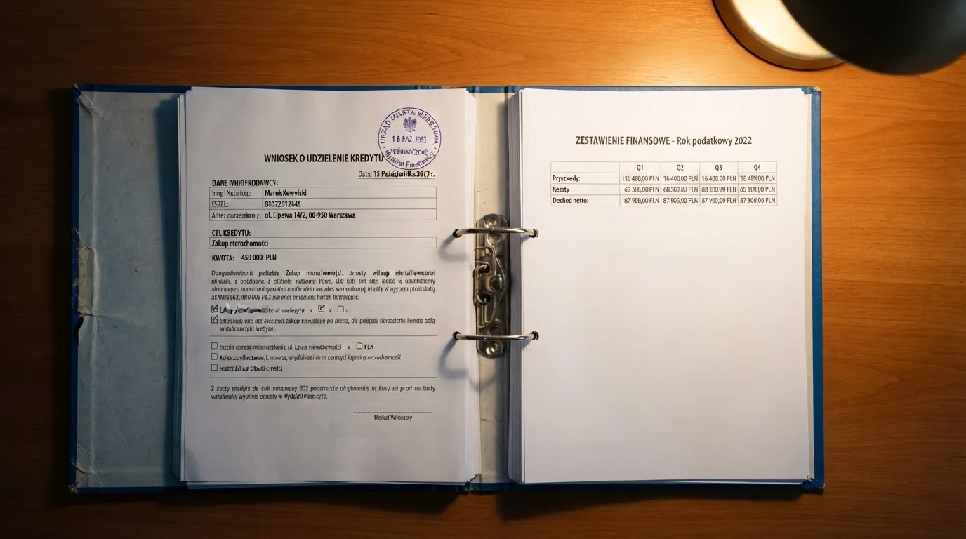 Segregator z wnioskiem o koncesję na kasyno gry, wydrukiem sprawozdania finansowego i urzędową pieczątką leżący na biurku