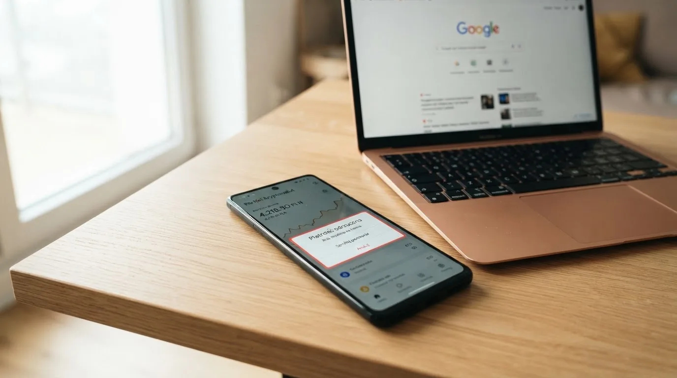 Smartfon z otwartym portfelem kryptowalut i komunikatem o odrzuconej płatności leżący obok laptopa