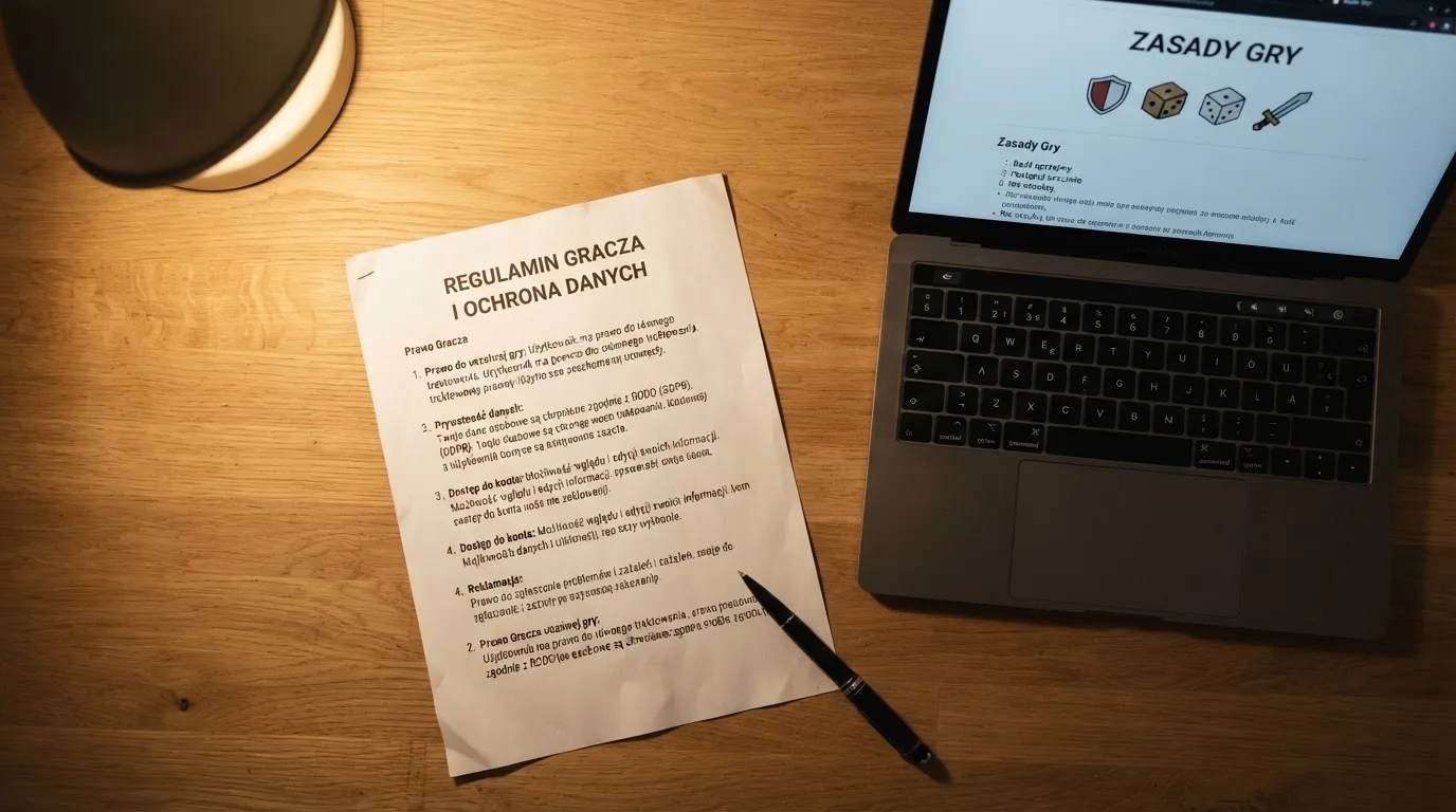 Dokument regulaminu operatora kasyna online rozłożony obok laptopa z otwartą stroną warunków gry