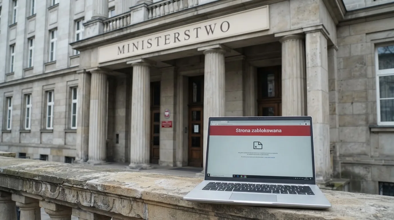 Budynek urzędu z tablicą ministerstwa, na pierwszym planie laptop z komunikatem o zablokowanej stronie kasyna