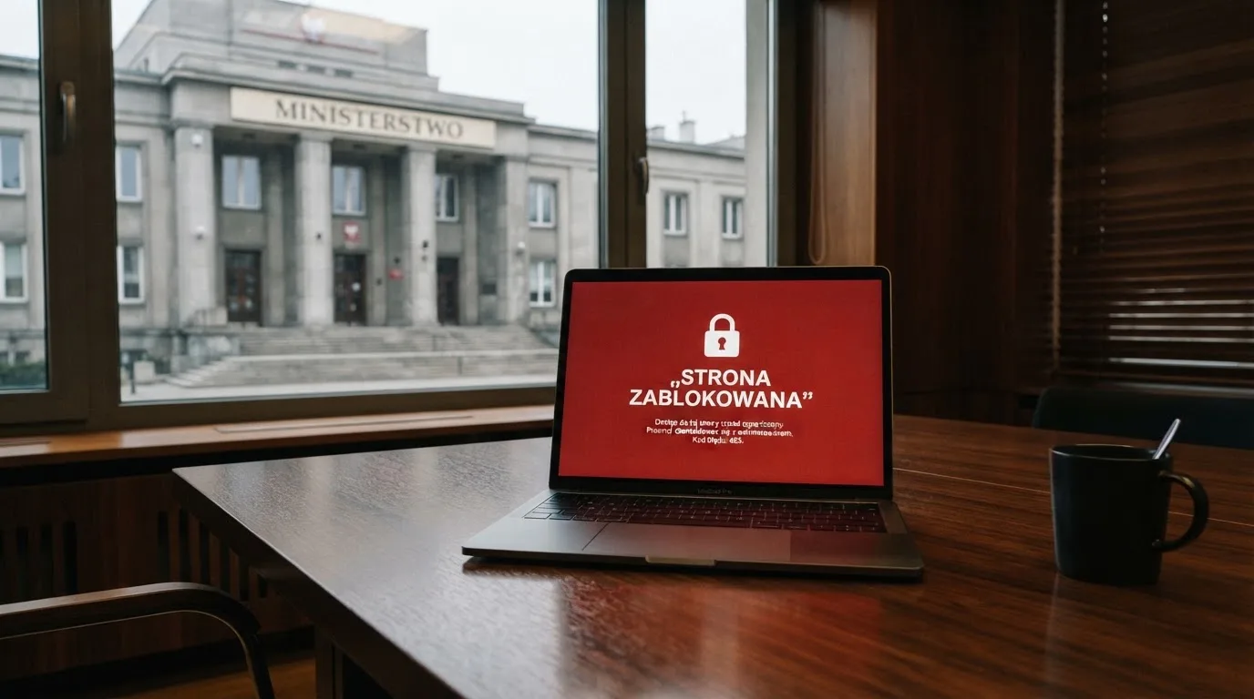 Laptop z komunikatem o zablokowanej stronie hazardowej, w tle budynek urzędu z tablicą ministerstwa
