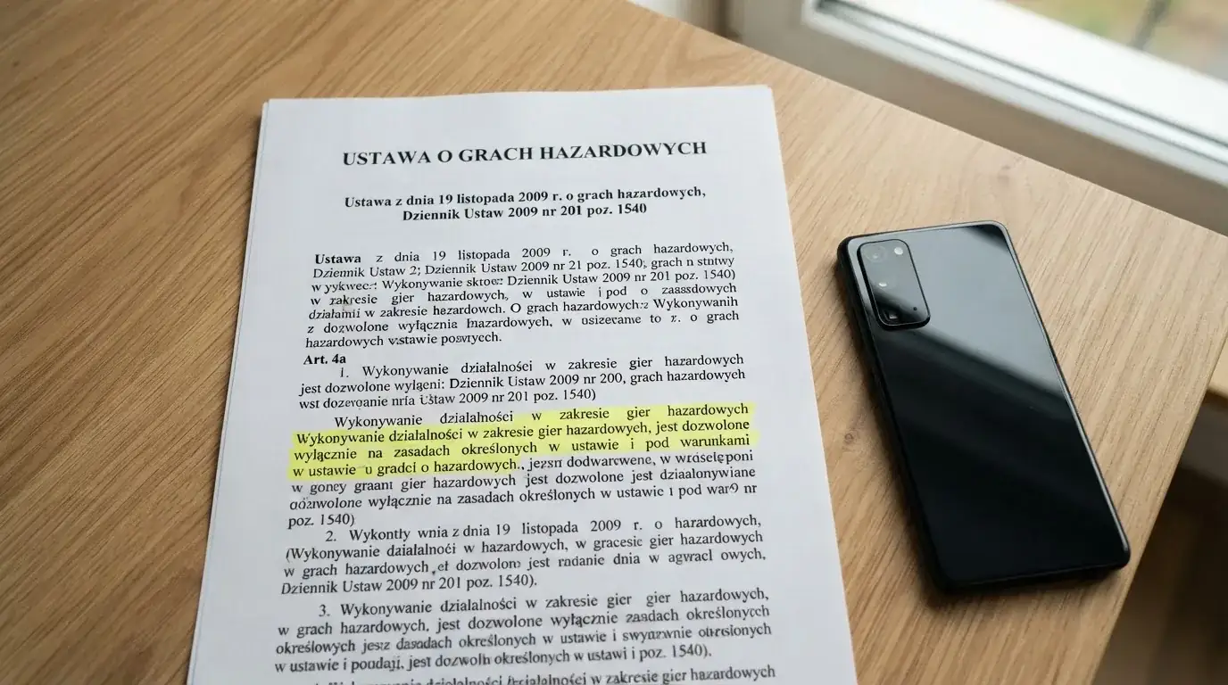 Wydruk ustawy o grach hazardowych z zakreślonymi artykułami leżący na biurku obok wyłączonego smartfona