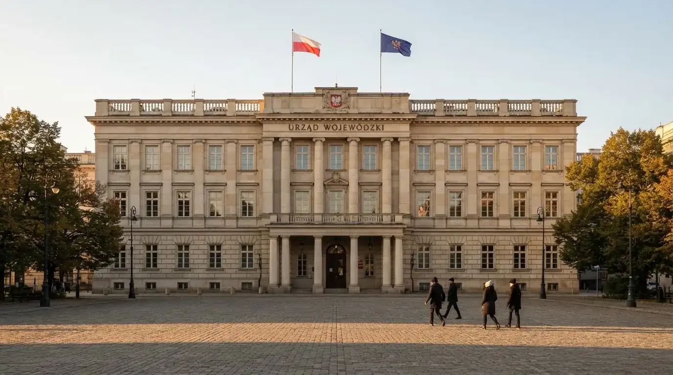 Budynek urzędu administracji państwowej z flagą Polski na maszcie w tle