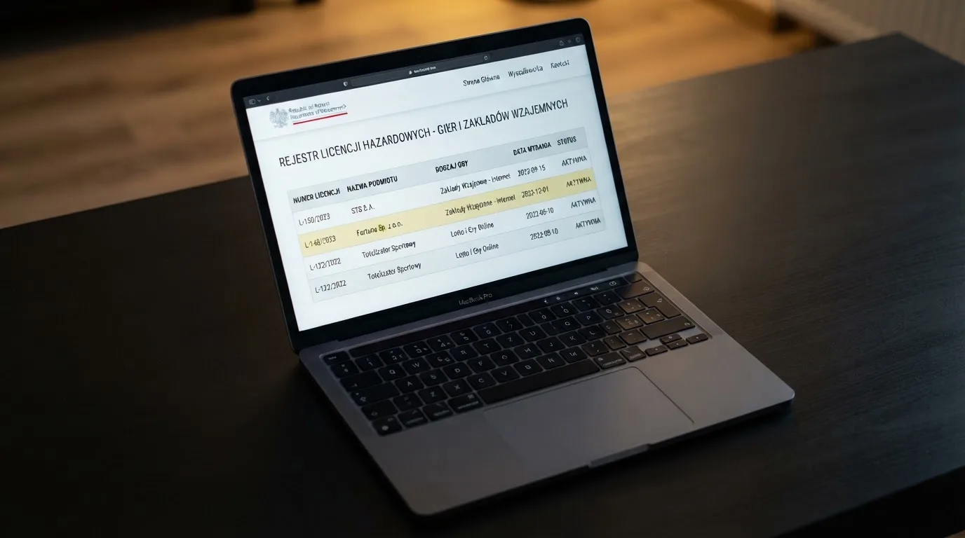 Ekran laptopa z otwartym rejestrem licencji regulatora z Curaçao, w którym jeden wiersz zaznaczono żółtym podświetleniem