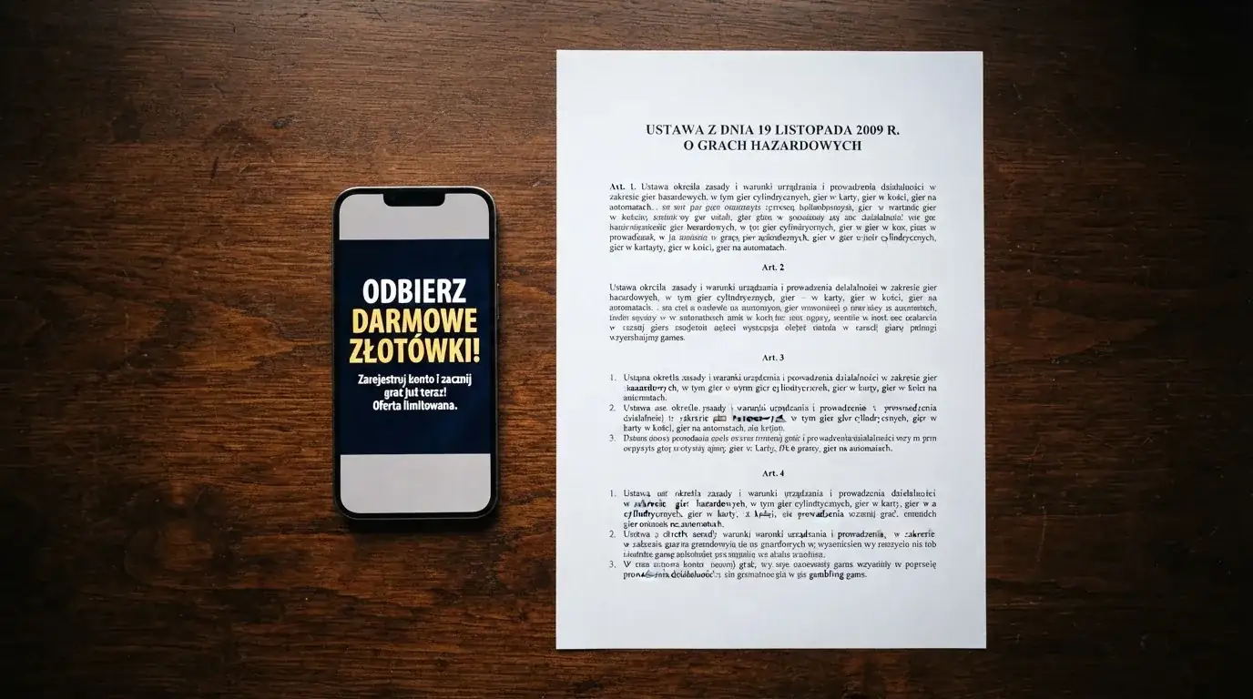 Telefon z wyskakującym banerem obiecującym darmowe złotówki za rejestrację, obok wydruk ustawy o grach hazardowych