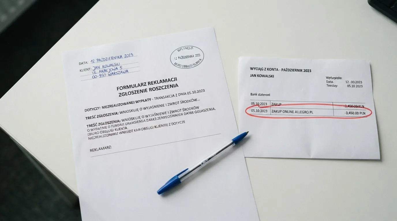 Wydrukowany formularz reklamacji leżący na biurku obok długopisu i wyciągu bankowego z zakreśloną pozycją