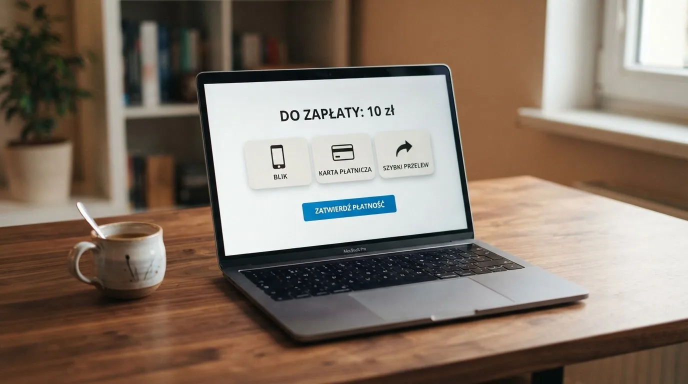 Laptop z otwartym oknem wpłaty na kwotę 10 zł i listą metod: BLIK, karta płatnicza, szybki przelew